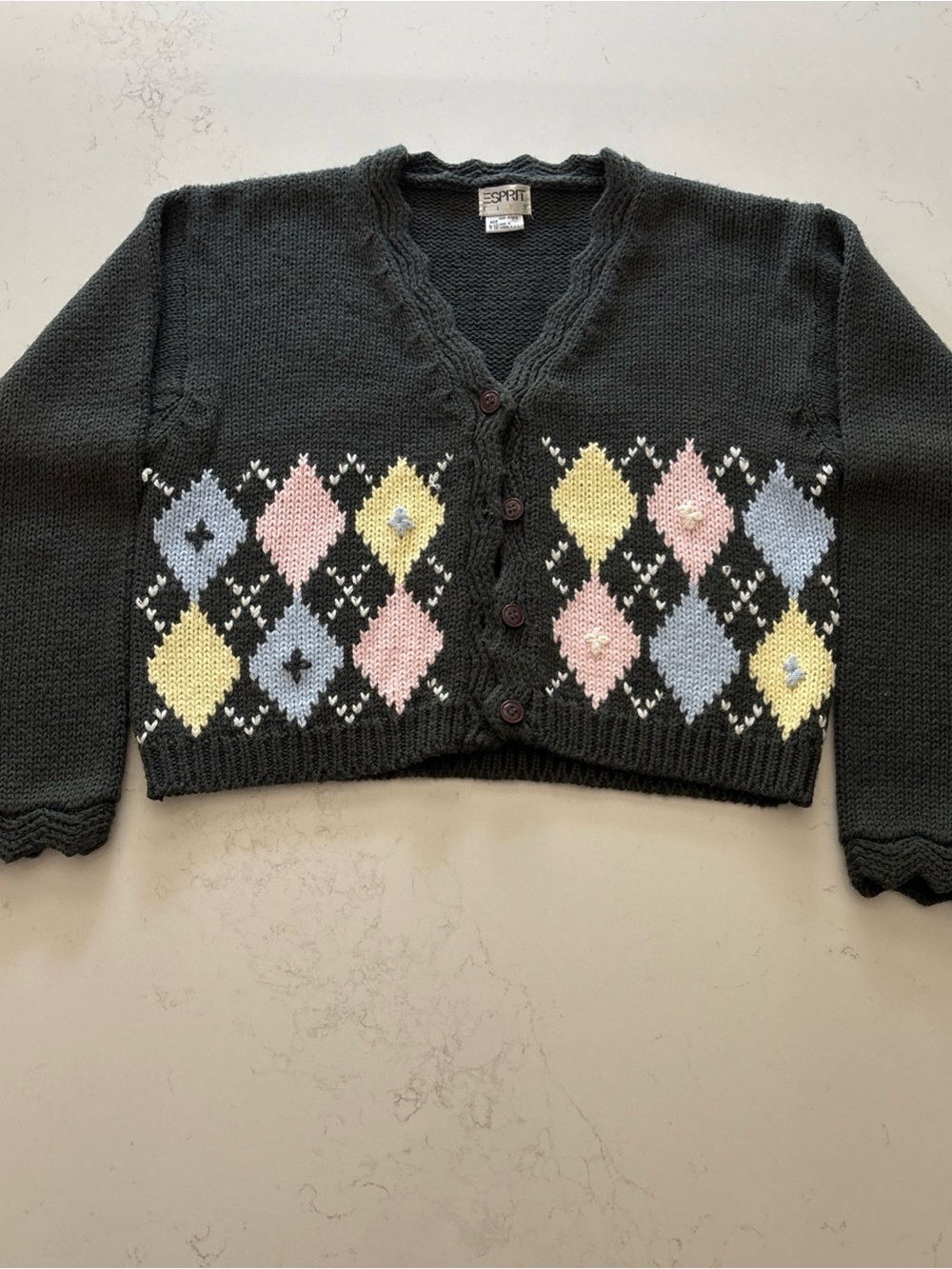 Vintage ESPIRIT Kids Grey Cropped Cardigan with Pastel Argyle Diamonds
